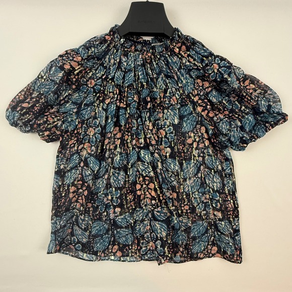 Ulla Johnson Tops - Ulla Johnson Silk Lurex Metallic Ruffle Puff Sleeve Blouse Blue Pink Gold 4